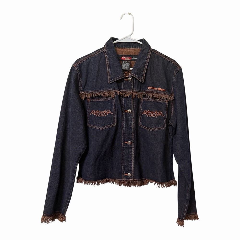 Johnny Blaze Vintage Denim Jacket XL Dark Wash Embroidered Fringe Y2K Hip Hop